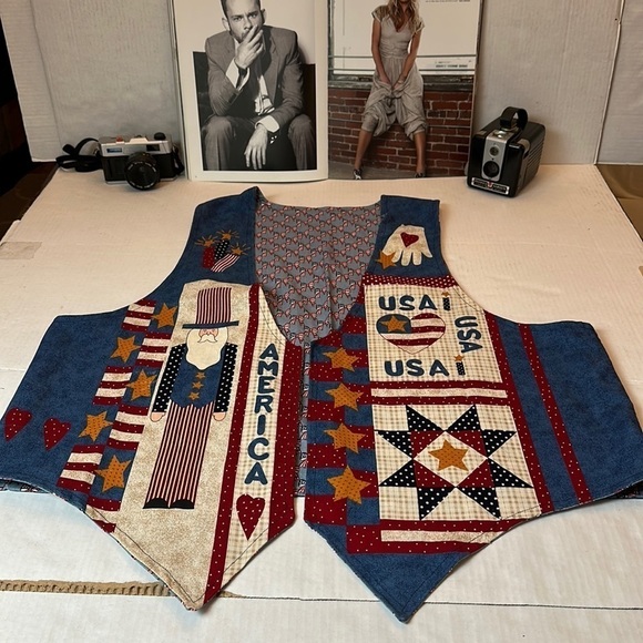 Vintage Reversible Quilted Patchwork VestHandmade Americana Folk Art